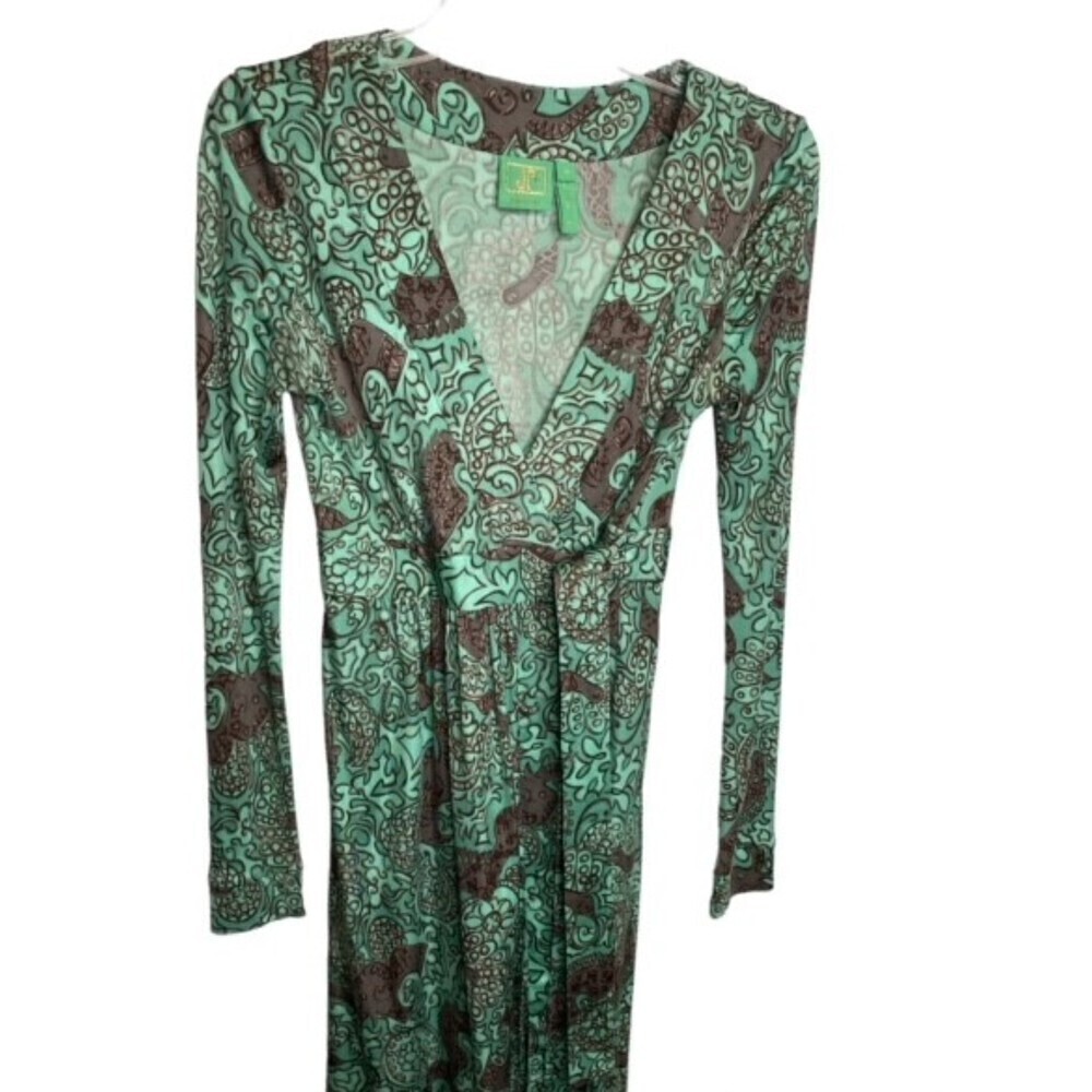Jules Reid EUC 100% silk‎ wrap dress, Sz 4 Green Taupe
